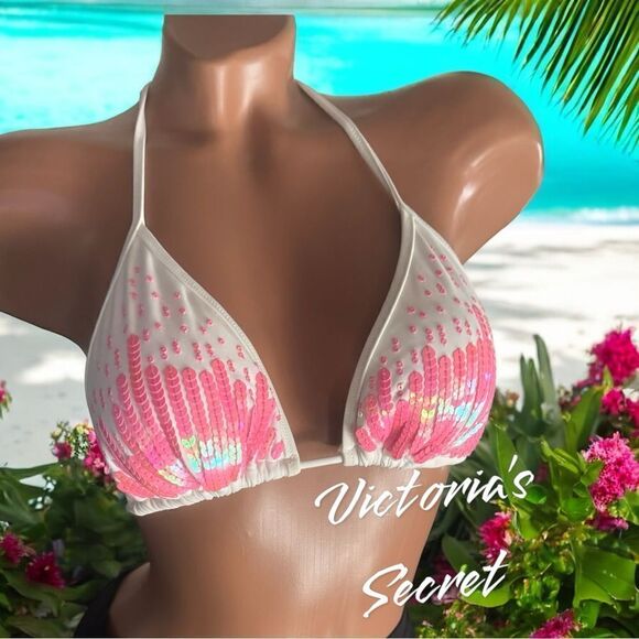 Victoria’s Secret l White w/ Pink Sequins l Triangle Bikini Top l Small l EUC - Picture 1 of 11